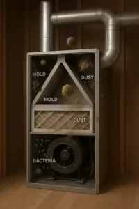 Contaminants inside a home HVAC system including mold, dust, and bacteria